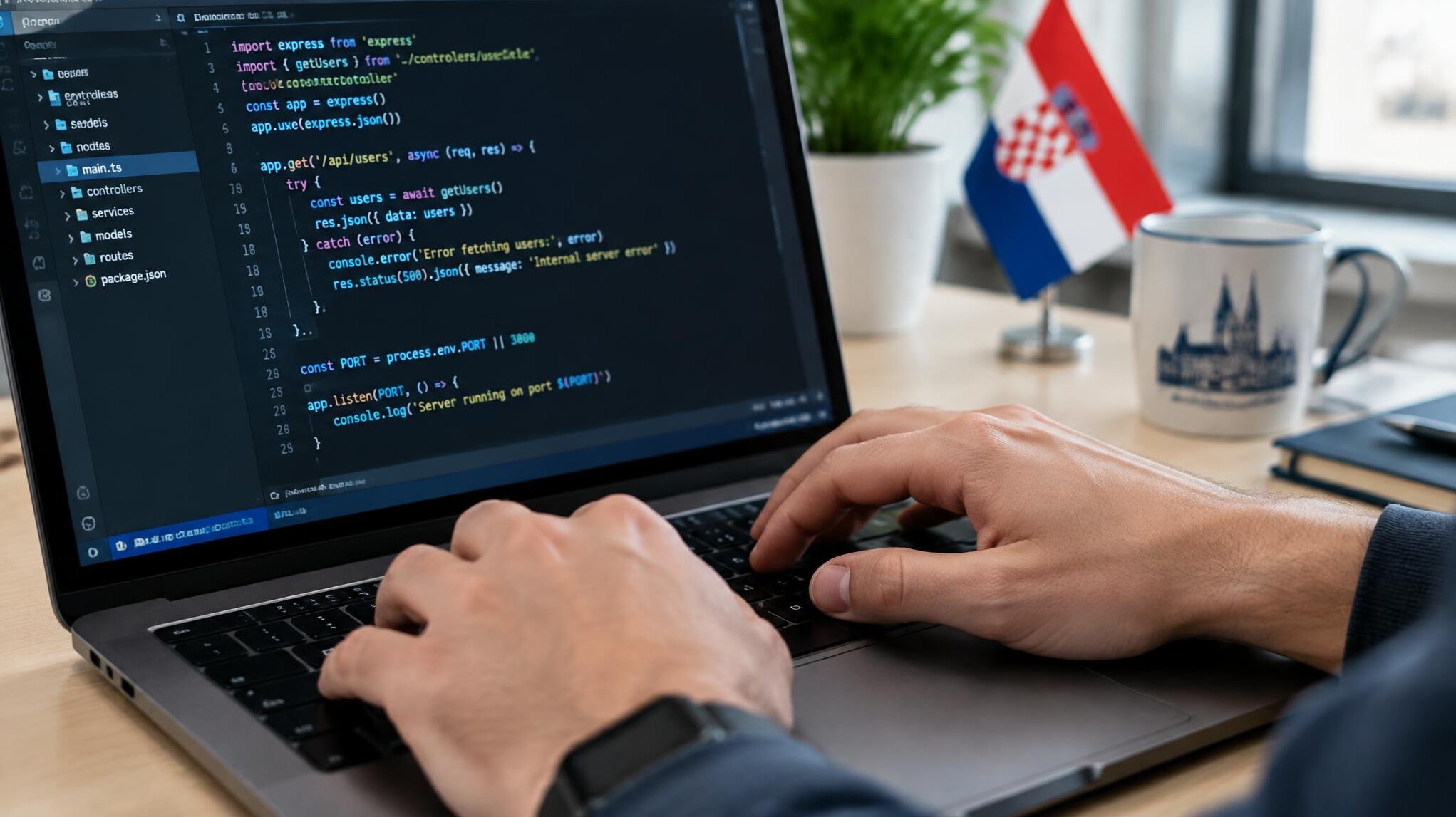 Close-up of a Croatian software developer's hands typing on a laptop keyboard with code on screen